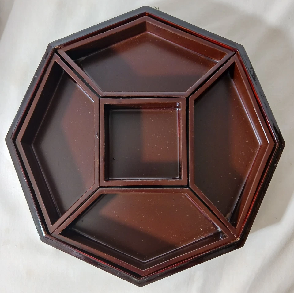 Chinese Lacquer Inlaid Mother of Pearl Rabbit Wood Box Sweetmeat Set 10" x 10” - Image 4 of 4