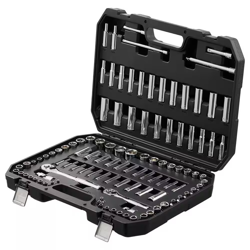 SKYSHALO Socket Set, 1/4 In. and 3/8 In. Drive Socket and Ratchet Set, 6-Point S