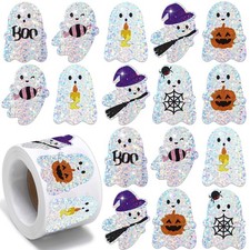 500 Pcs Halloween Ghost Stickers - Holographic Waterproof Decals, Spooky Self-Ad