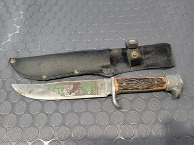 Vintage Solingen Germany Fixed Blade Hunting Knife Stag Handle eagle handle