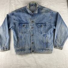 VTG 90s Tyca Embossed Chicago Jean Denim Jacket USA Made Light Wash Large Fade