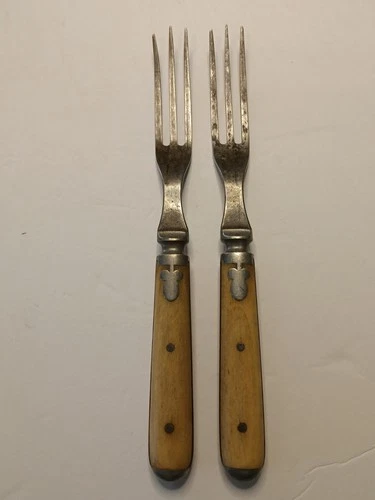 Pair Antique Civil War Era Forks W/ Bone Handles 1800s Flatware NR!