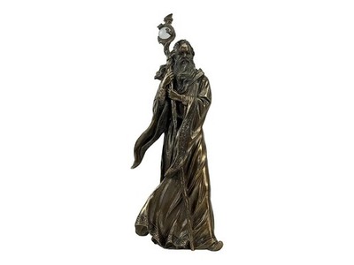 Merlin Grand Wizard Dragon Crystal Ball Staff Statue Bronze Finish Statue