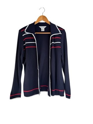 Exclusively Misook Blue Ribbed Cardigan/ Sweater Blazer Red White Trim Size M
