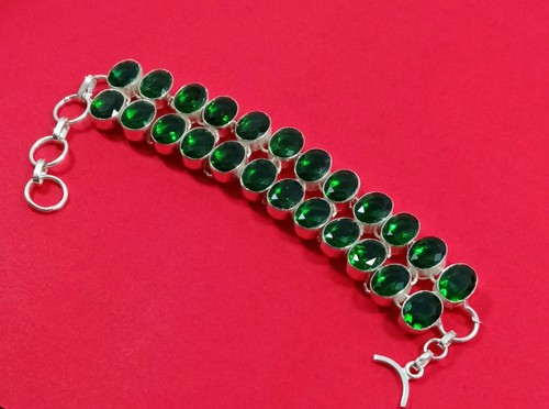 Lab Created Emerald Gemstone Silver Bracelet Handmade Jewelry Gift for Her 7-8"