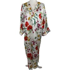 Natori Long Gown House Dress Vintage Size M L  Floral Poppy Satin V-neck