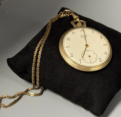 Antique Elgin Deluxe 17J Pocket Watch  10k Gold Filled Working NICE & Chain
