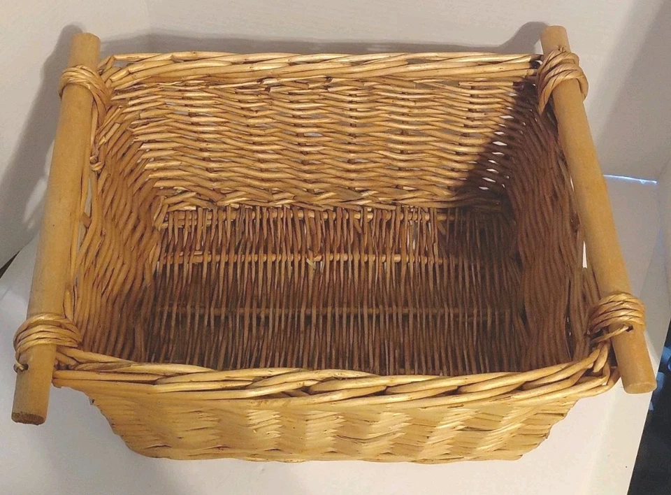 Large Basket Wood Handles Woven Rattan Wicker 15”x11”x8”  - Image 3 of 4
