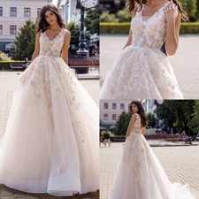 Elegant White Wedding Dresses V-Neck Backless Train Lace Appliques Bridal Gowns