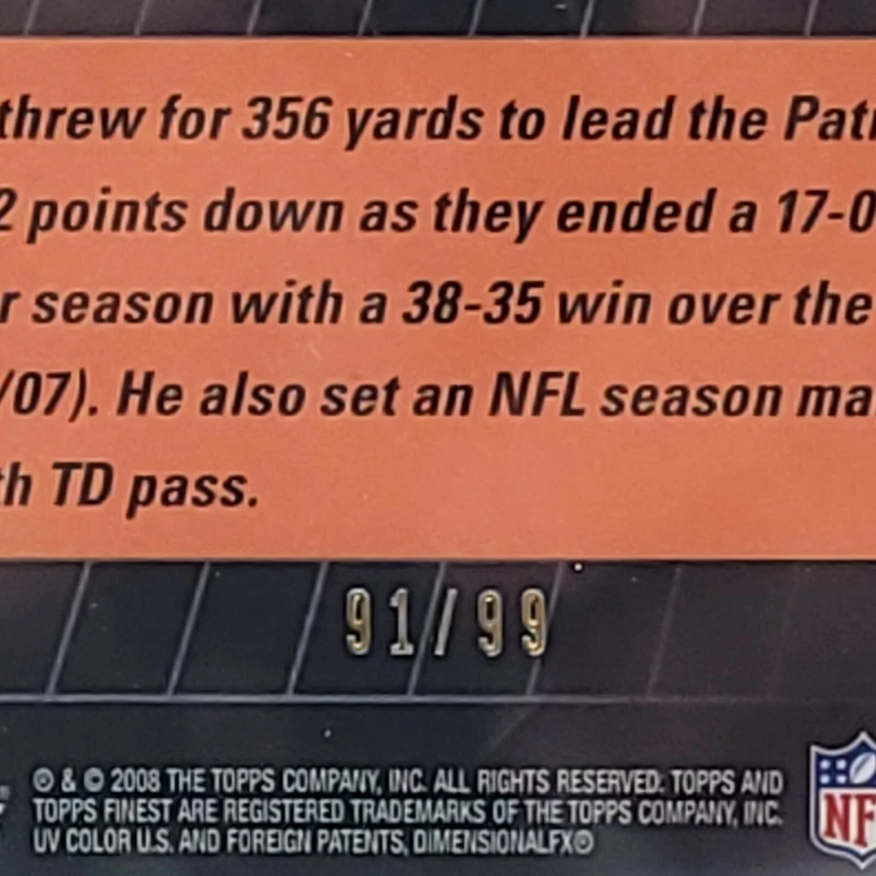 2008 Topps Finest Moments Tom Brady Black Refractor /99 PSA 8 - Image 3 of 4