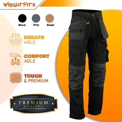 WrightFits Mens Work Cargo Trousers Heavy Duty Knee Pad Pocket Pants Black 30-42