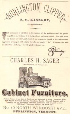 1882-83 Burlington Clipper CHARLES H SAGER CABINET FURNITURE Chittenden Co VT