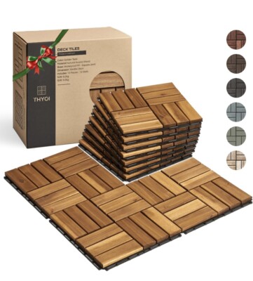 10PCS 12'' x 12'' Acacia Wood Deck Tiles Interlocking Patio Tiles Golden Teak