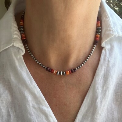 Fiery Spiny Oyster Sunset Necklace, Bright Orange Red & Purple Silver Necklace