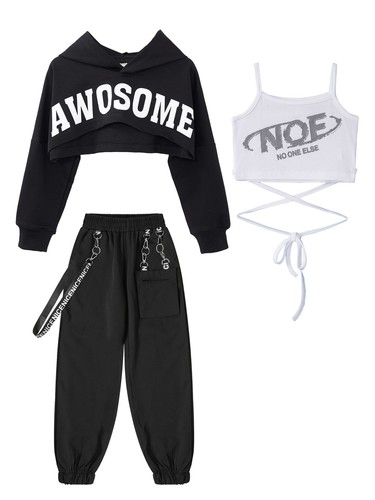 Kids Girls Crop Top Tracksuit Outfit Sports Set Camisole Pant Chain Hoodie Gym - Picture 45 of 52