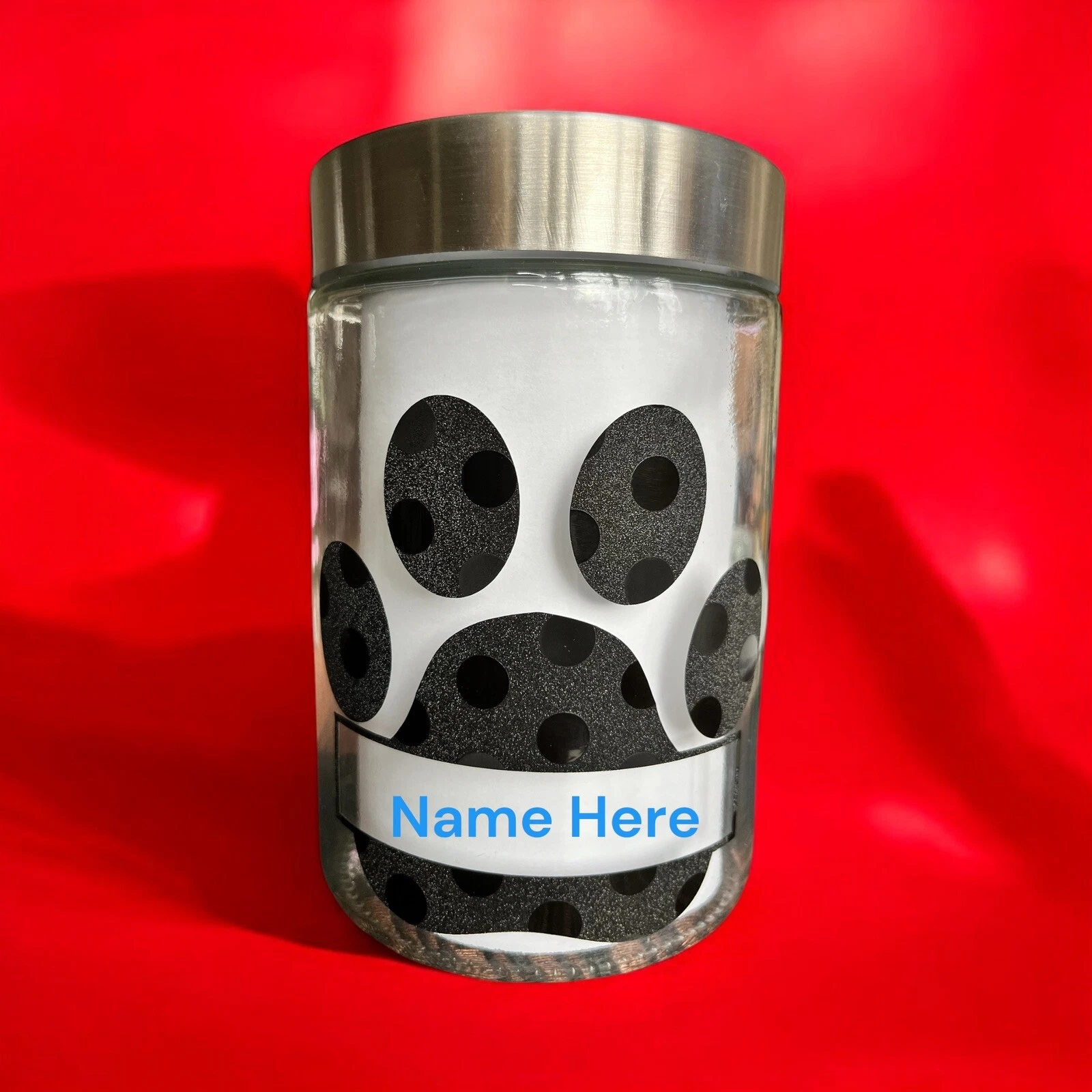 Personalized Paw Print Treat Jar Glass Shimmer vinyl Gold Black Pink or Blue