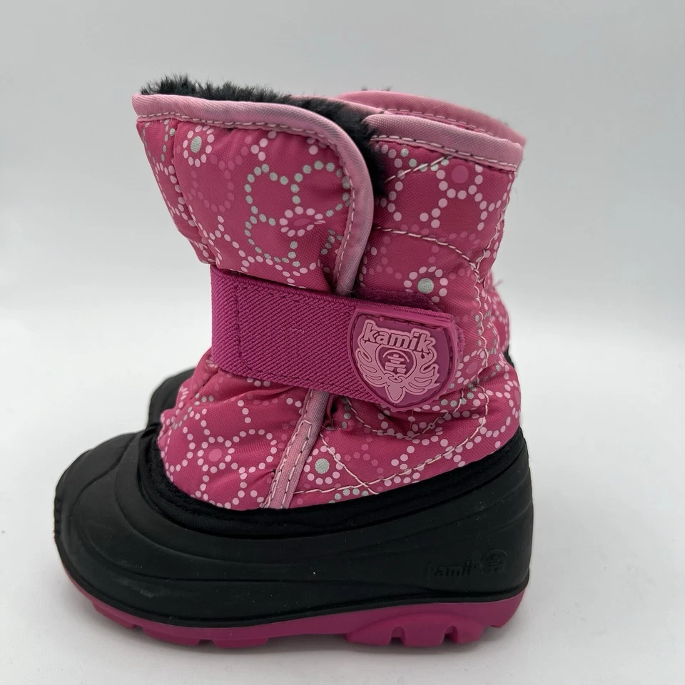 Kamik Snowbug 粉色黑色冬季毛皮衬里雪地靴 学步女孩 尺寸 5 二手状况完好 — 第 3/4 张图片