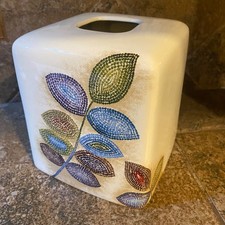 Ceramic Tissue Box Cover Square Cream Multicolor Dotted Leaf Botanical Modern