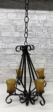 Vintage MCM Wrought Iron Hanging Candle Chandelier with Amber Glass Votive Cups
