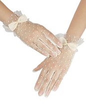 Short Polka Dot Lace Gloves Bow Mesh Tea Party Glove for Women One Size Beige