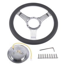 14 Chrome Aluminum Banjo Steering Wheel 9 Holes Black Leather With Horn Button