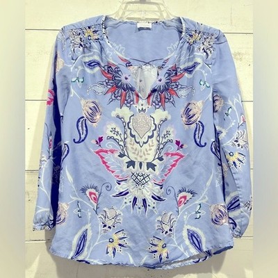 Ecru Silk Blouse Blue Paisley Print V Neck Snap Front Boho Women s XS 