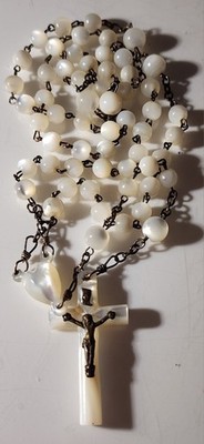 ANTIQUE FRENCH HAND CARVED MOTHER OF PEARL  ROSARY 22X5 INCHES LONG 19TH-CENTURY