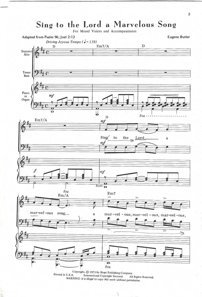 Пойте Господу чудесную песню SATB хор ноты музыка E. Butler A451 гимн S - Изображение 2 из 2
