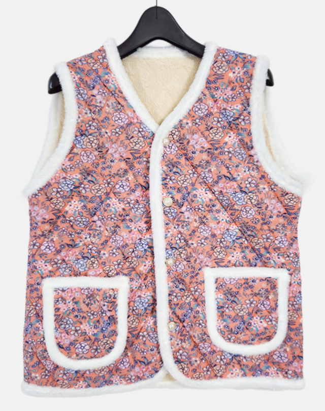 2026 New Korean Retro Floral Fleece Quilted Vest Grandma Winter