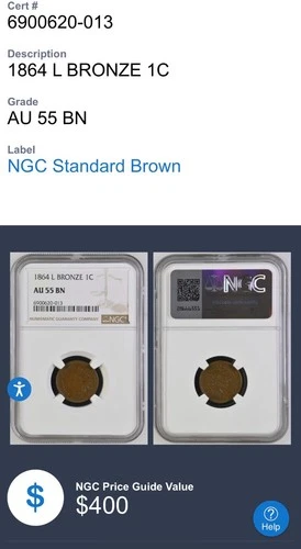 🔥1864 L Semi Key INDIAN HEAD CENT NGC AU55