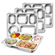 4-Pack Stainless Steel Divided Plates Tray, 5-Compartment, Rectangular, Toddler
