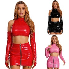 Women Shiny Leather Hollow Out Corset Crop Tops Floral Lace Garter Minisksirts