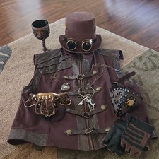 Steampunk Armor Costume Set Brown Vest Top Hat Goggles Mask Faux Leather Metal
