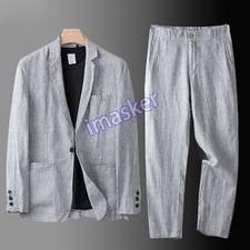 Men's Linen Suit Summer Causal New Blazer Pant Set Coat Beach Jacket Lapel 2PCS