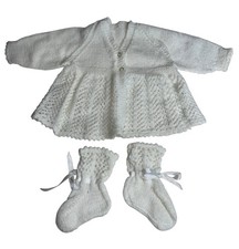 Vintage Handmade Infant Girls Ivory Cardigan Sweater Socks Christening Heirloom