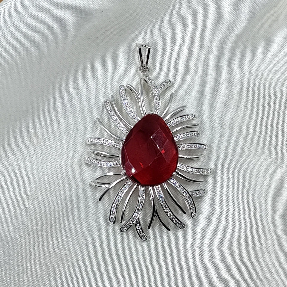Blood Red Huge Pear Shape Ruby & White Cubic Zirconia Floral Design Fine Pendant - Image 3 of 4
