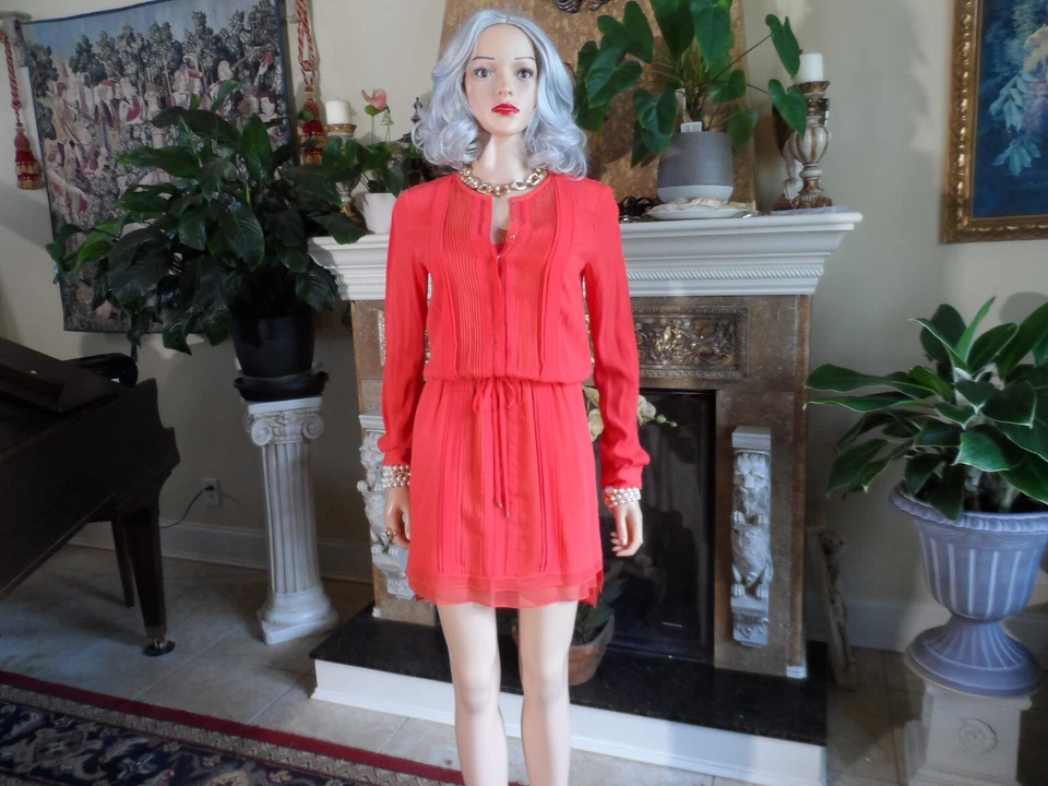 Vestido Diane Von Furstenberg Rojo Mezcla Seda Gasa Pinktuck Ribete Cintura Corbata Talla 2 Foto 3 de 4