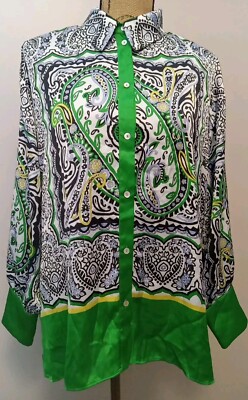 Zara Women Green Paisley Multi Print Collared Blouse Size L