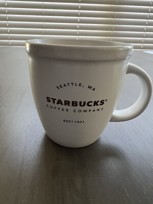 2016 Starbucks Coffee Mug White with Gold Lettering 16 oz Seattle, WA EST 1971