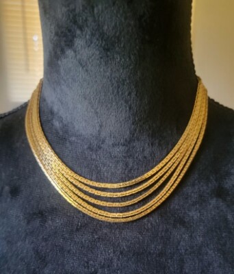 Vintage 5 Strand Gold Tone Layered Flat Link Necklace Star Logo 