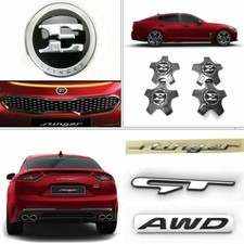 OEM E Logo GT AWD Stinger Emblem Set + 19" Wheel Cap Set for Kia Stinger 17-18