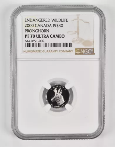 PF70 UCAM 2000 Canada $30 Platinum - Pronghorn - Endangered Wildlife NGC *0082
