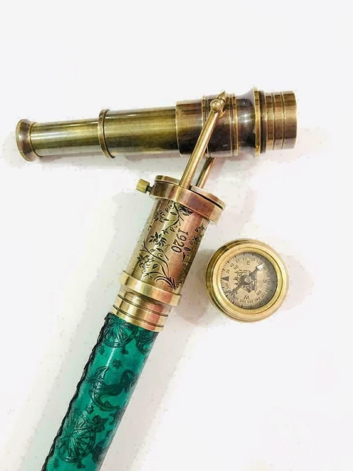 Telescopio Náutico Latón Espía Grabado Mango Brújula Cuero Bastón Foto 3 de 3