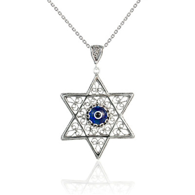 Filigree Art Evil Eye Stone Star of David Women Silver Pendant Necklace