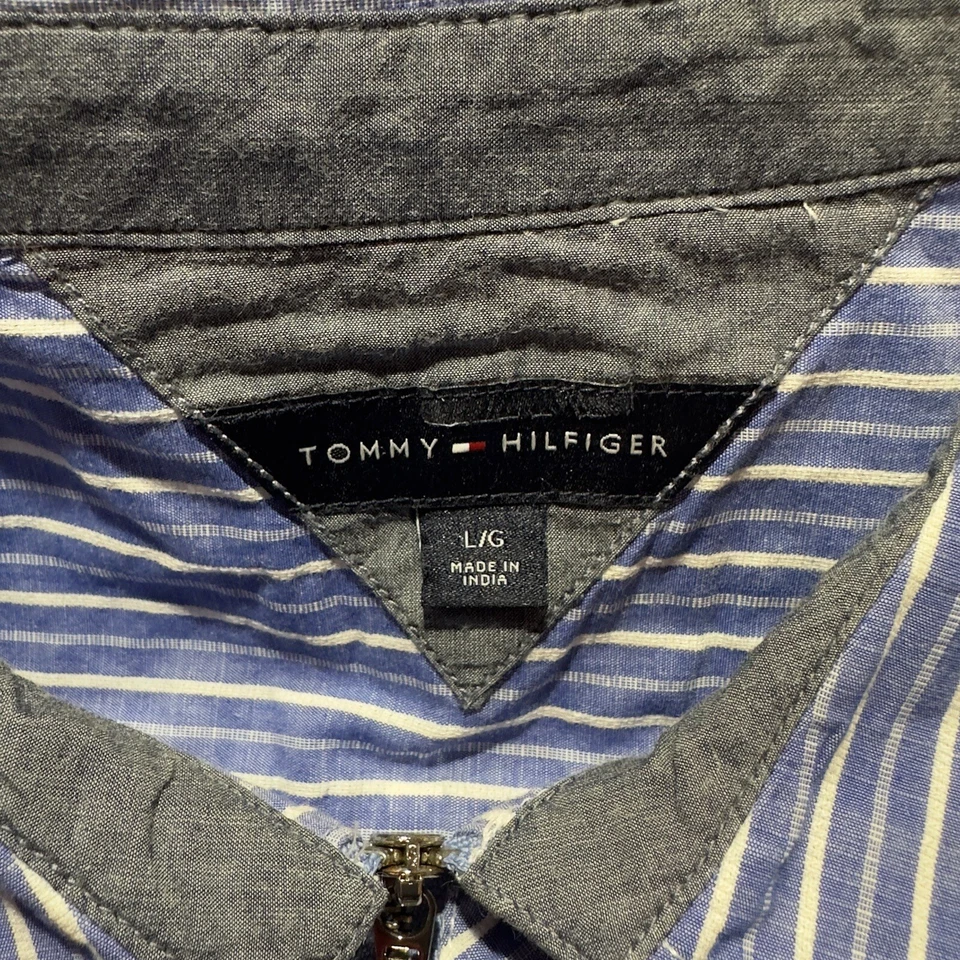 Camisa Tommy Hilfiger Para Mujer Talla L Media Cremallera Azul Blanco Rayas Manga Larga Foto 2 de 4