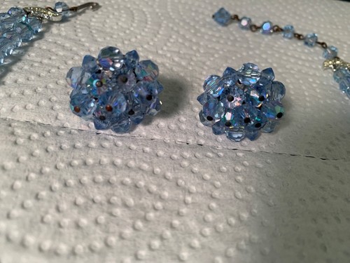 Vtg 50s mid century Crystal Necklace Clip Earrings Matching Set Double Strand - Picture 2 of 18