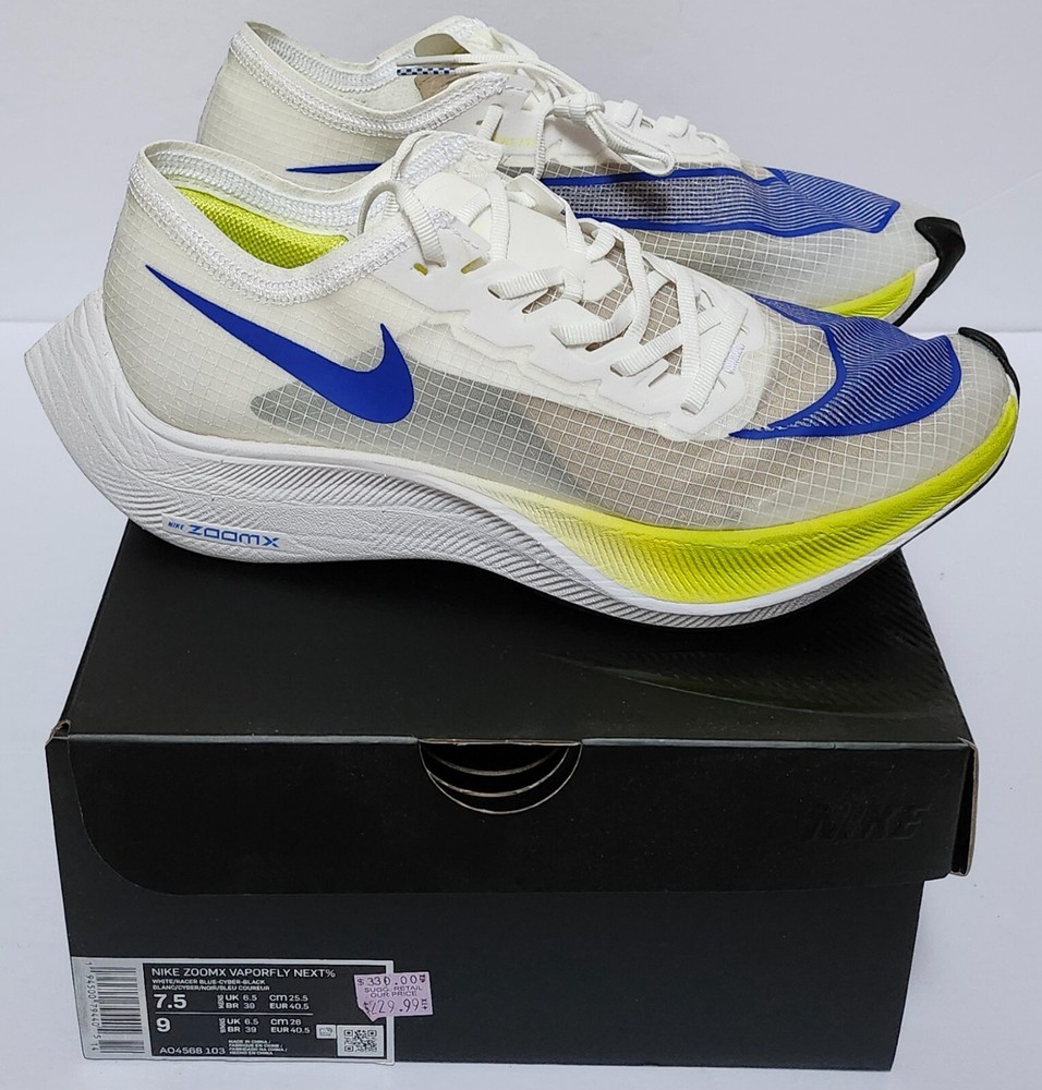 Nike ZoomX Vaporfly Next% White Blue Running Shoes AO4568-103 Size 7.5M/9W New