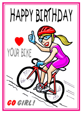 GIRL/LADIES CYCLIST CYCLING BIKE CARTOON BIRTHDAY CARD FREE POST