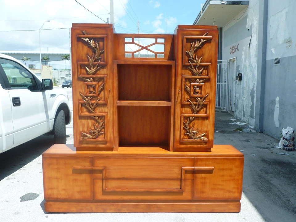  SIGNED JAMES MONT COROMANDEL RED CABINET W GOLD GILT BAMBOO DECORATION  - Image 2 of 4