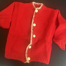 Vintage Handmade Baby Knit Cardigan Sweater Red Cream Trim Blanket Stitch
